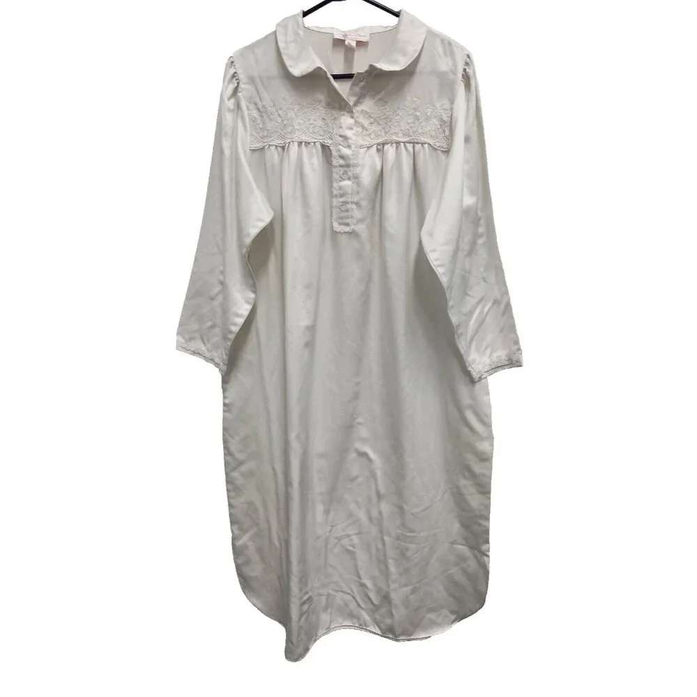Oscar De Larenta‎ Pink Label Womens Long Night Gown Size Large White Satin Lace